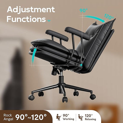 Black Leather Desk Chair with Wheels,Triple-Layers Thicken Wide Seat Height Adjustable,Mid Back,Desk Chair Comfy for Home,Office