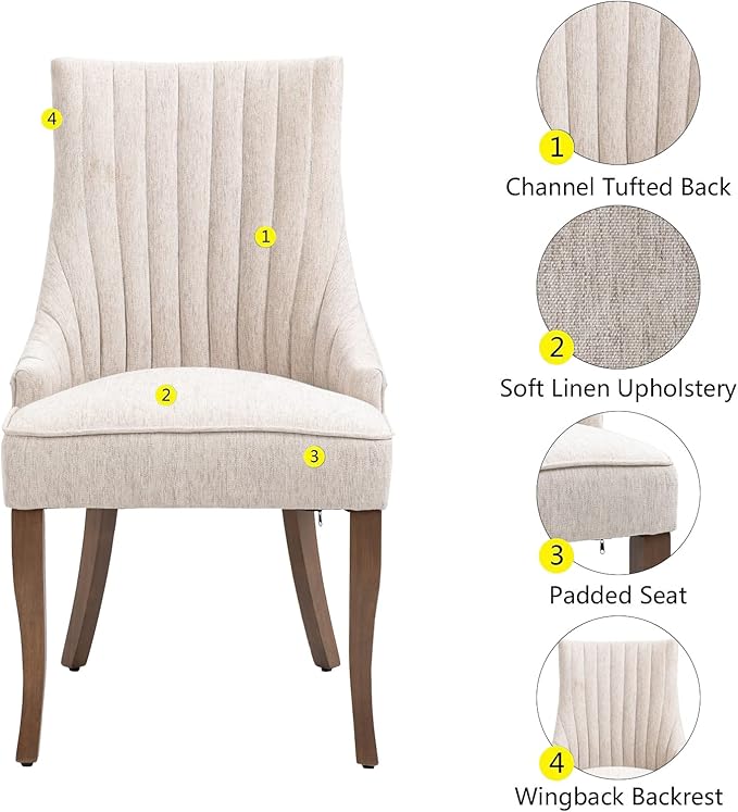 mikibama Linen Dining Chairs Set of 2 Channel Tufted Kitchen Dinner Chair Comfy Fabric Upholstered Accent Chair for Dining Room with Solid Wood Legs (Beige)