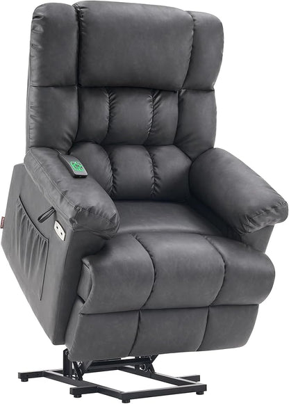 MCombo Power Lift Recliner Chair Sofa with Massage and Heat, Adjustable Headrest, 3 Positions, USB Ports, for Elderly People, 7533 (Faux Leather, Dark Gray)