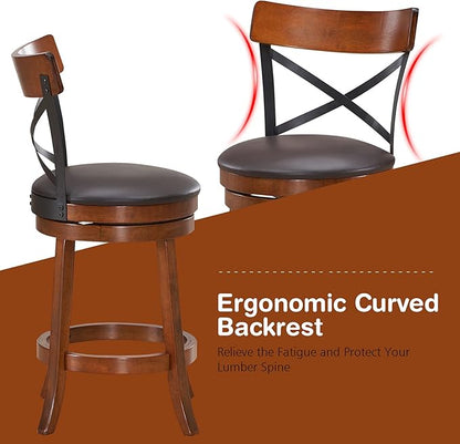 COSTWAY Bar Stool Set of 4, 360-Degree Swivel Solid Wood Stools with Soft Cushion & Backrest, 25”Height Kitchen Counter Bar Stools for Kitchen Island, Pub, and Restaurant (4, 25 inch)