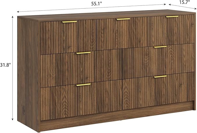 3-Piece Modern Bedroom Furniture Set, Wide 7-Drawer Dresser & 3-Drawer Nightstands Set of 2, Natural Wood Dresser and Nightstand Sets for Bedroom,Hallway, Walnut