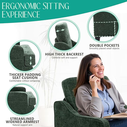 Modern Accent Chairs Set of 2 Upholstered Reading Chair for Bedroom with Side Pockets Comfy Living Room Chairs Living Room Oversized Armchair for Office, Apartment (Green Chenille)