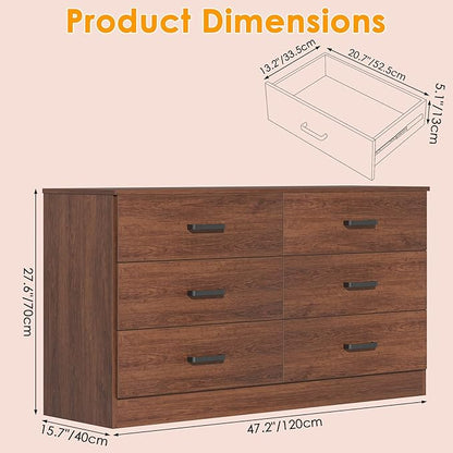 Bigbiglife Wood Dresser for Bedroom, 6 Drawer Double Dresser, Mid Century Modern Chest of Drawers with Deep Drawers, Large Storage Organizer for Living Room, Closet(Walnut Brown)