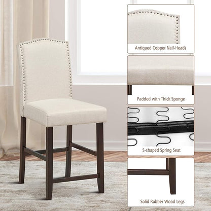 COSTWAY Bar Stools Set of 2, 25'' Upholstered Counter Height Bar Stools with S-Shaped Spring Thick Cushion, Rubber Wood Legs, High Back Leisure Chairs for Living, Kitchen, Dining Room (Beige, 2)