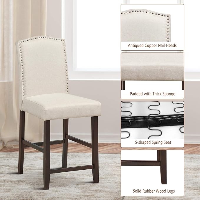 COSTWAY Bar Stools Set of 4, 25'' Upholstered Counter Height Bar Stools with S-Shaped Spring Thick Cushion, Rubber Wood Legs, High Back Leisure Chairs for Living, Kitchen, Dining Room (Beige, 4)