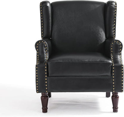 UIXE PU Leather High Back Accent Chair, Upholstered Armchair for Living Room, Retro Wingback Arm Chair Nailhead Trim Single Sofa Bedroom Reading Seat with Solid Wood Legs - Black