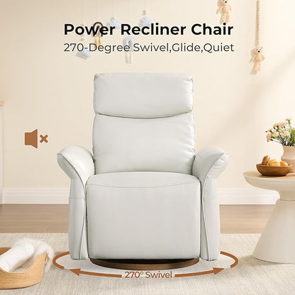 CHITA Genuine Leather Power Recliner Chair, Electric Triple-Motor Swivel Glider Nursery Rocking Chair with Adjustable Power Headrest and Lumbar Support, Solid Wood Base, Creamy Grey