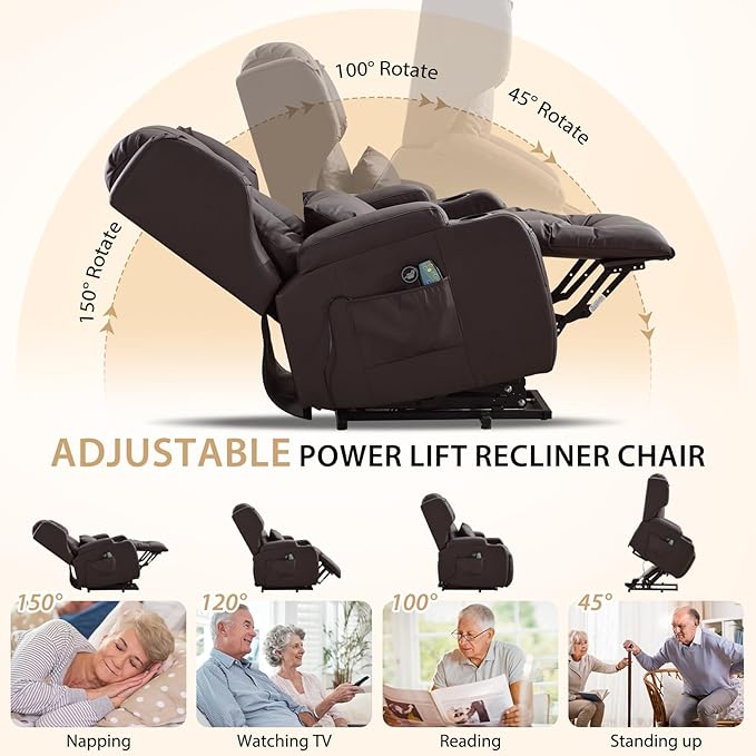 Power Lift Chair Recliner with Heat and Massage,Single Sofa Chair Recliner for Elderly,Electric Recliners Comfortable Lift Chairs for Living Room with Remote/Storage/Cup Holders/USB Port (Brown)