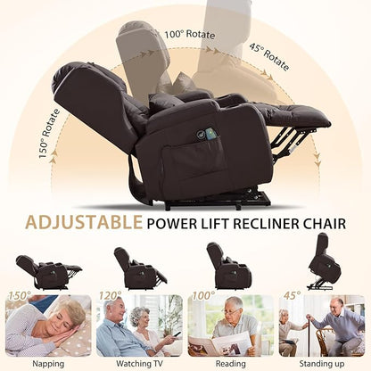 Power Lift Chair Recliner with Heat and Massage,Single Sofa Chair Recliner for Elderly,Electric Recliners Comfortable Lift Chairs for Living Room with Remote/Storage/Cup Holders/USB Port (Brown)