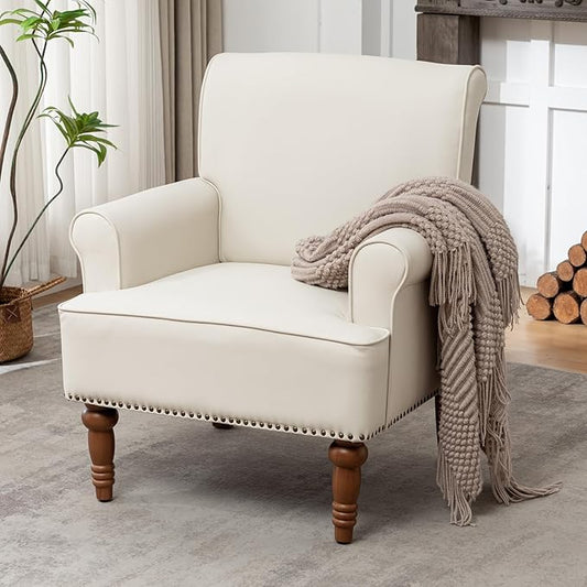 HOMEFLEX Accent Chair, Faux Leather Living Room Chairs with Nailhead Trim, Mid-Century Lounge Armchair with Solid Wood Legs, Comfy Reading Single Sofa for Bedroom, Waiting Room (White, 1 Chair)