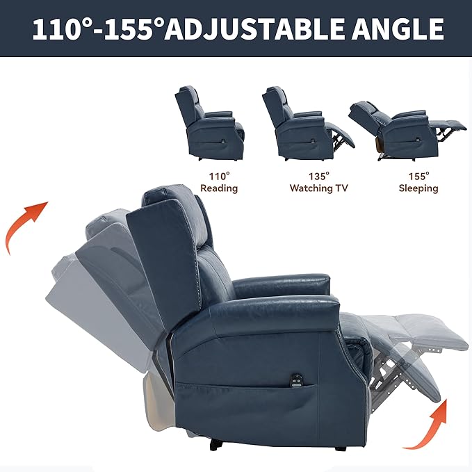 Manual Recliner Chair with Massage & Lumbar Heat, Breathable Leather Reclining Chair for Adults, Humanized Design Easy to Install Living Room Recliners Blue