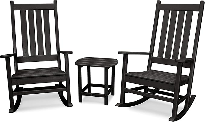 POLYWOOD Vineyard 3-Piece Outdoor Rocking Chair Set with Side Table - Classic Porch Rockers for Patio, Deck & Garden - Fade-Resistant Black HDPE - Traditional American Style Furniture