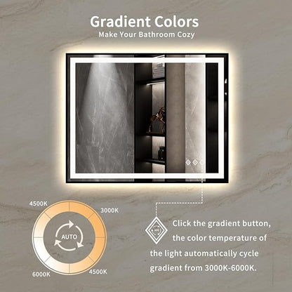 LED Mirror, 40x32 Inch Black Framed Gradient Front and Backlit Bathroom Mirror with Lights, 3 Colors Dimmable CRI>90, IP54 Enhanced Anti-Fog Wall Mounted LED Bathroom Mirror