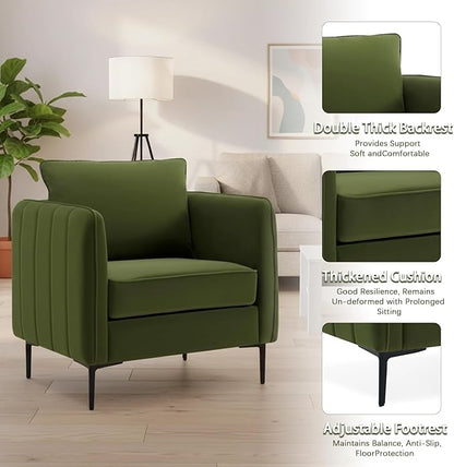 Velvet Accent Chair, Comfy Upholstered Single Sofa Chair Mid-Century Modern Armchair with Thick Cushion and Wood Frame Side Chair for Living Room Bedroom Apartment (Green)