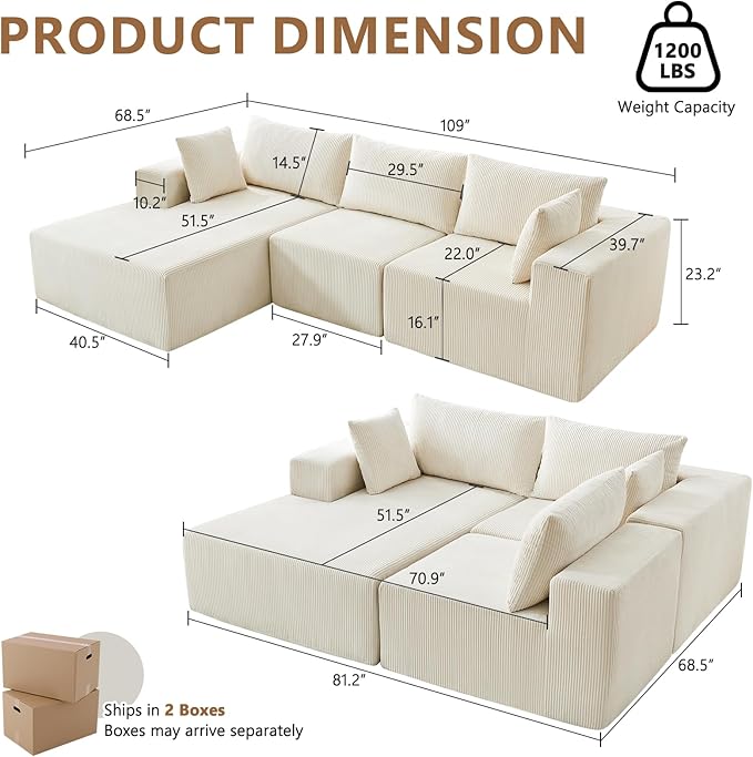 109" Cloud Sectional Couch, Boneless Couches for Living Room, Modular Sectional Sofa with Deep Seat, L-Shape Couch with Chaise, Comfy Corduroy Fluffy Modern Modular Sofa, No Assembly Required, Beige