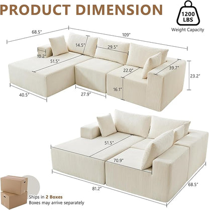 109" Cloud Sectional Couch, Boneless Couches for Living Room, Modular Sectional Sofa with Deep Seat, L-Shape Couch with Chaise, Comfy Corduroy Fluffy Modern Modular Sofa, No Assembly Required, Beige