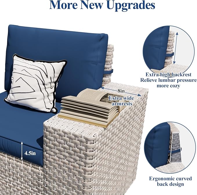 6-Piece Patio Furniture Set, Outdoor Extra Wide Armrest Modular Patio Sofa, Dual-Strand Rattan Wicker, Rust-Resistant Frame, Backyard High Back, Large Seat Furniture for Porch Garden Balcony, Blue