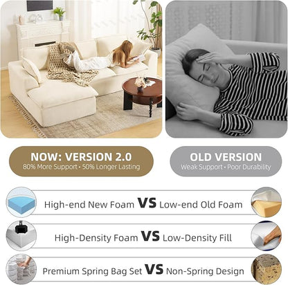 109.4" Cloud Couch with L-Shape Chaise, Boneless Sectional Couch for Living Room and Bedroom, Modern Modular Sofa with Deep Seat, No Assembly Required (Ivory White)