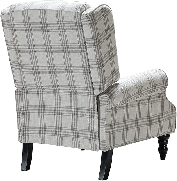 HULALA HOME Upholstered Wingback Recliner Chair Set of 2, Small Adjustable Footrest Push Back Single Reclining Sofa, Mid Century Modern Lounge Armchair for Living Room, Bedroom, Reading/Plaid Grey
