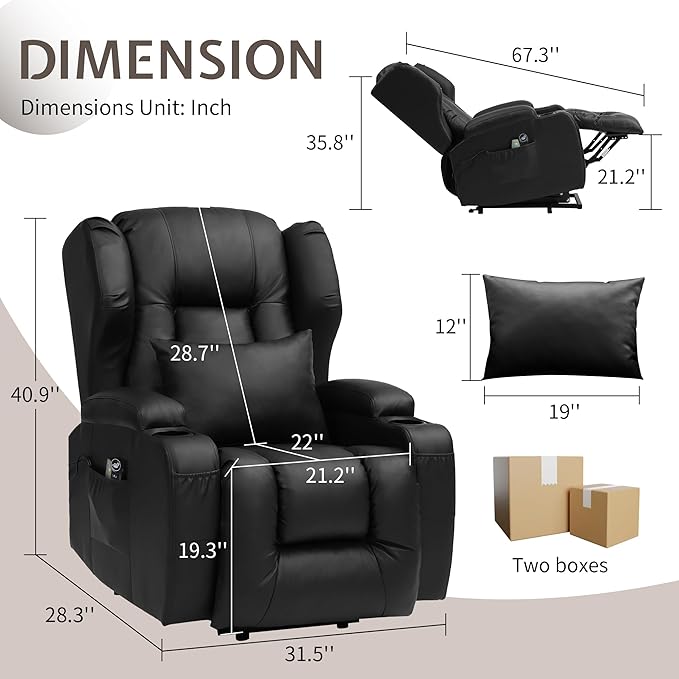 URRED Power Lift Recliner Chair for Elderly, Electric Massage Recliner with Heat, Infinite Position Adjustment, Faux Leather Lift Chair with Cup Holders, Side Pockets & USB Port – Light Black