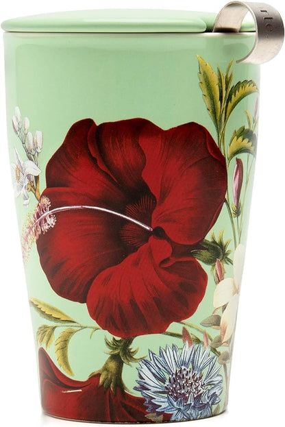Tea Forte Double-Walled Ceramic Kati Cup, Removable Stainless Steel Infuser Basket and Lid, Steeps 12 oz Loose Leaf Tea, Dishwasher & Microwave Safe, Fleur