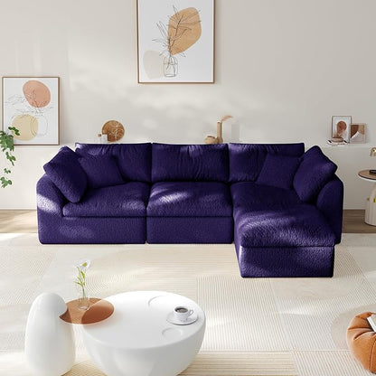 108" Boneless Cloud Couch Modular Sectional Sofa with Deep Seat for Living Room, L Shape Couch with Ottoman, Snowflake Cloth and 40D Memory Sponge，2 Throw Pillows (Purple, 3 Seater+1 Ottoman)