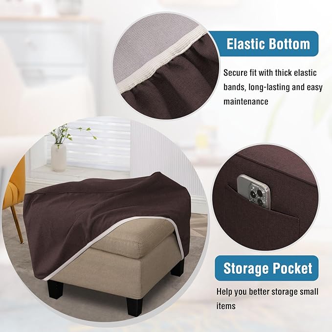 H.VERSAILTEX Thick Durable Linen Look Ottoman Cover Square Fit Length 24"-25" Footrest Folding Storage Stool Furniture Protector Soft Slipcover for Living Room with Elastic Bottom - Heather Chocolate