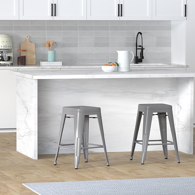 Vogue Furniture Direct 24" High Bar Stools Backless Silver Metal Barstools Indoor-Outdoor Barstools Counter Height Stools with Square Seat, Set of 2 - VF1571021