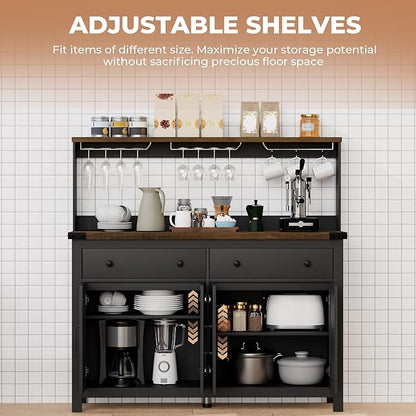 Hutch Storage Cabinet Buffet with Drawers, and Charging Station, Coffee Bar Cabinet with Barn Doors, Wine Rack and Hooks, Countertop, Long Farmhouse, Black, for Kitchen, Dining Room, 54.1" High