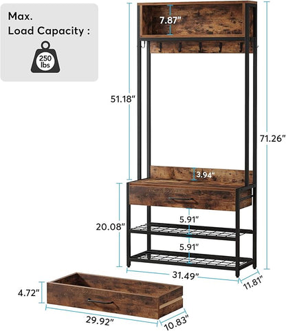 Tribesigns 3-in-1 Entryway Hall Tree with Drawer, Vintage Industrial Coat Rack with Shoe Bench and Hutch, Mudroom Bench with Shoe Storage Rack and 9 Hooks for Living Room Bedroom (Brown)