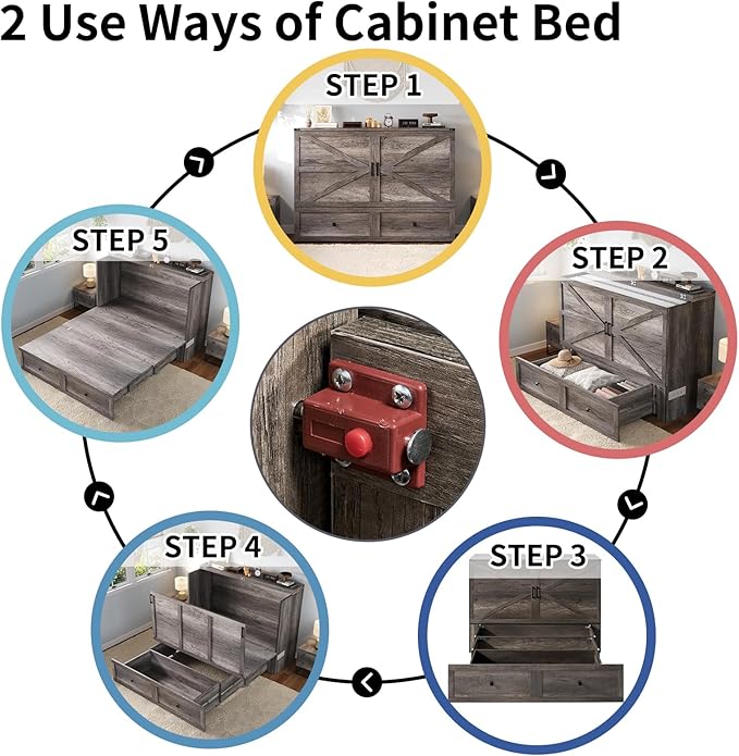 Full Murphy Bed Cabinet with Charging Station, Foldable Platform Bed Frame with Drawer, Space-Saving Guest Bed for Home Office or Small Spaces, Rustic Grey