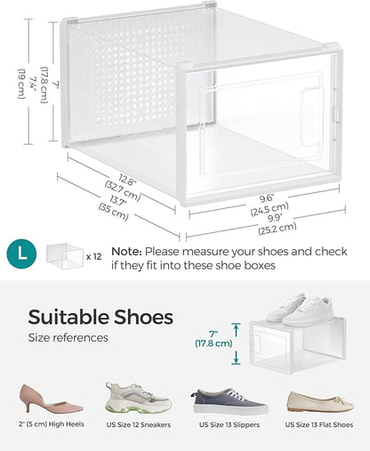 SONGMICS Shoe Boxes, Pack of 18 Shoe Storage Organizers, Stackable Clear Plastic Boxes for Closet, Sneakers, 13.7 x 9.9 x 7.4 Inches, Transparent and White ULSP18MWT