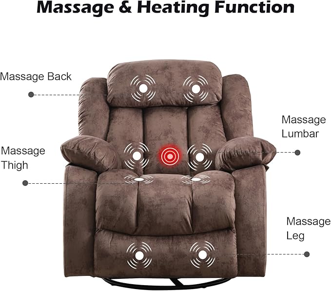 CANMOV Massage Rocker Recliner with Heat and Vibration, 360 Degree Swivel Manual Antiskid Fabric Single Sofa Heavy Duty Reclining Chair for Living Room, Dark Brown