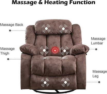 CANMOV Massage Rocker Recliner with Heat and Vibration, 360 Degree Swivel Manual Antiskid Fabric Single Sofa Heavy Duty Reclining Chair for Living Room, Dark Brown