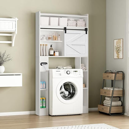 Over The Toilet Storage Cabinet, 32.5'' Wide Bathroom Storage Cabinet with Sliding Barn Door, Freestanding Over Toilet Storage Shelf, White