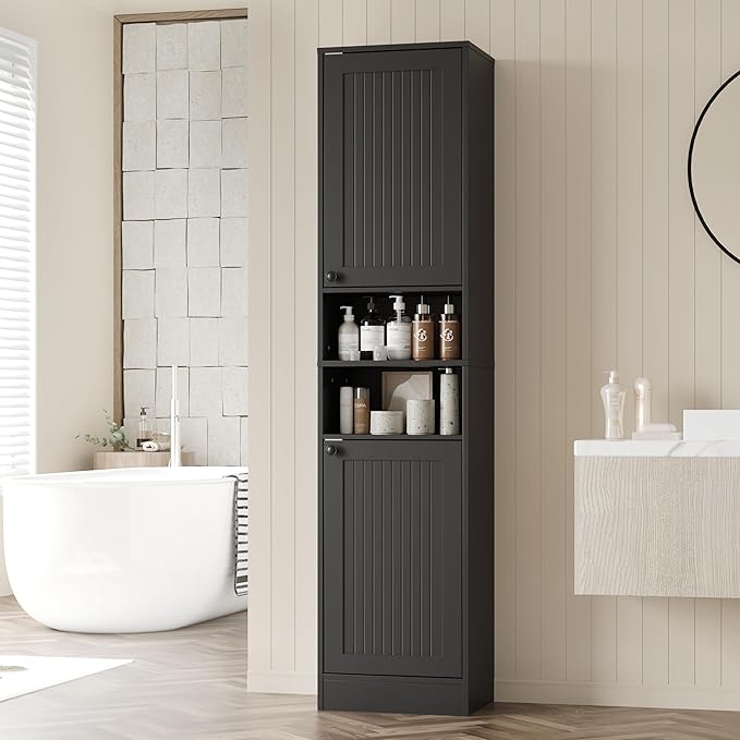 Farmhouse Bathroom Cabinet with 2 Doors, 67" Tall Slim Freestanding Cabinet, Narrow Floor Storage Unit with Open Shelf and Adjustable Shelves for Bathroom, Living Room, Kitchen, Black