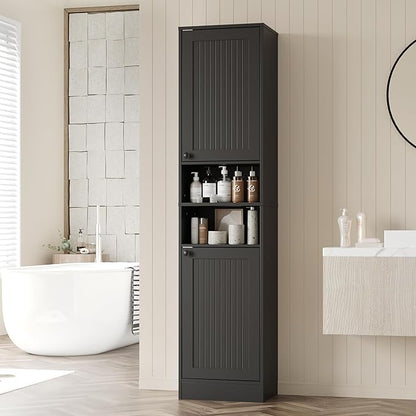 Farmhouse Bathroom Cabinet with 2 Doors, 67" Tall Slim Freestanding Cabinet, Narrow Floor Storage Unit with Open Shelf and Adjustable Shelves for Bathroom, Living Room, Kitchen, Black