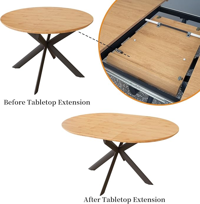 43.2"-59.1" Extendable Round Dining Table Set, Kitchen Table for 4-6 Person with Scratch-Resistant Thickened MDF Board, Oak Coffee Table w/Metal Legs