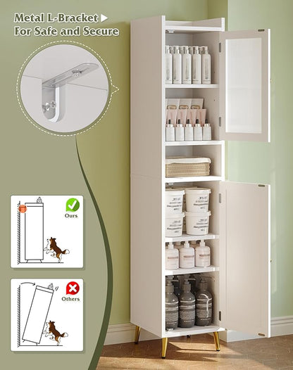 Bathroom Storage Cabinet, Bathroom Cabinet with 6 Shelves & 2 Doors, Tall Bathroom Storage Cabinet for Bathroom, Kitchen, Laundry Room, White