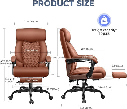 Big and Tall Executive Leather Reclining Office Chair with Footrest and Lumbar Support