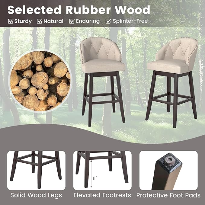 COSTWAY Bar Stools Set of 2, 31’’ Swivel Bar Stools with Rubber Wood Legs & Padded Back, Breathable Linen Fabric, Stylish Tufted Design & Rivet Decoration, Adjustable Foot Pads (2, Beige + Brown)