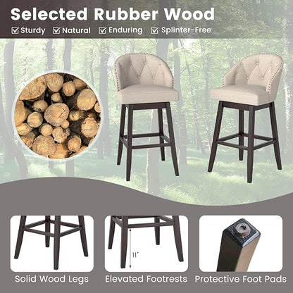 COSTWAY Bar Stools Set of 2, 31’’ Swivel Bar Stools with Rubber Wood Legs & Padded Back, Breathable Linen Fabric, Stylish Tufted Design & Rivet Decoration, Adjustable Foot Pads (2, Beige + Brown)