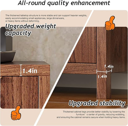 55" Large Buffet Sideboard with Storage, 33" Tall Kitchen Buffet Storage Cabinet with 4 Doors, Modern Coffee Bar Cabinet with Gold Handles, Long Sideboard Buffet Table for Kichen, Walnut