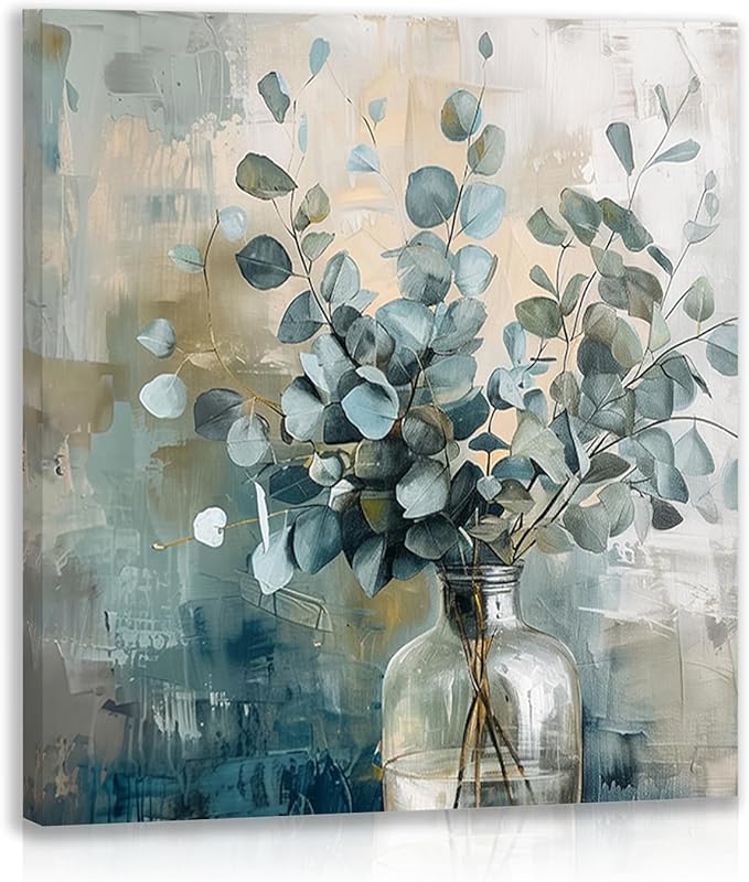 Framed Eucalyptus Leaf Wall Art, Sage Green Botanical Canvas Print, Rustic Farmhouse Bathroom Wall Decor, Soft Blue Floral Aesthetic Picture for Bedroom living Room 12x12 inch