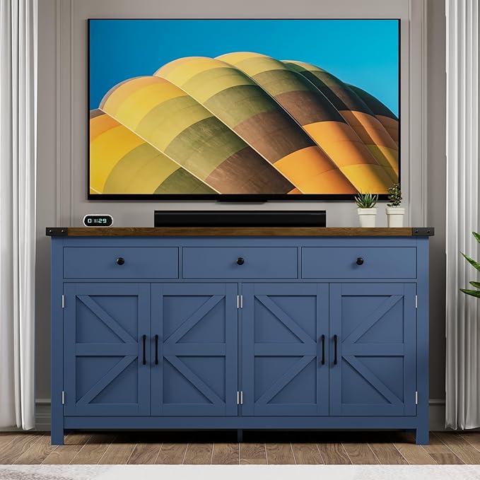 63" Sideboard Buffet Cabinet with Storage, Coffee Bar with 3 Drawers and 4 Barn Doors, Long Wider Storage Cabinet Modern Farmhouse, Blue Wood, for Kitchen, Dining Room, Living Room