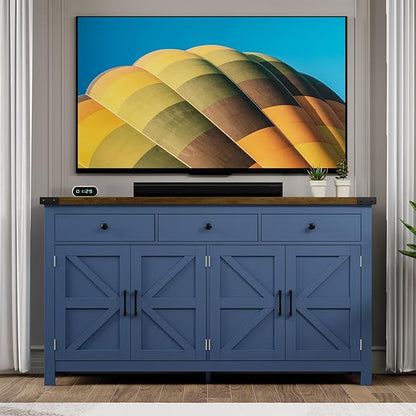 63" Sideboard Buffet Cabinet with Storage, Coffee Bar with 3 Drawers and 4 Barn Doors, Long Wider Storage Cabinet Modern Farmhouse, Blue Wood, for Kitchen, Dining Room, Living Room
