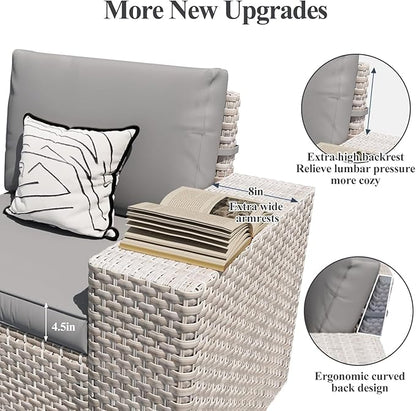 6-Piece Patio Furniture Set, Outdoor Extra Wide Armrest Modular Patio Sofa, Dual-Strand Rattan Wicker, Rust-Resistant Frame, Backyard High Back, Large Seat Furniture for Porch Garden Balcony, Grey