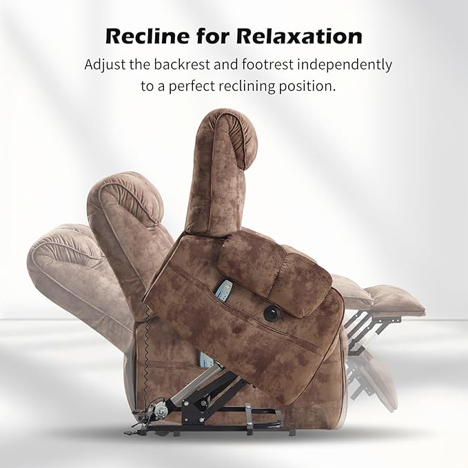 CANMOV Power Lift Recliner Chair for Elderly with Massage & Heat, Overstuffed Recliner Chairs for Adults, Electric Recliners with Type-C & USB Port, Side Pockets, for Living Room, Brown