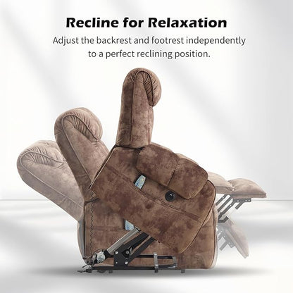 CANMOV Power Lift Recliner Chair for Elderly with Massage & Heat, Overstuffed Recliner Chairs for Adults, Electric Recliners with Type-C & USB Port, Side Pockets, for Living Room, Brown