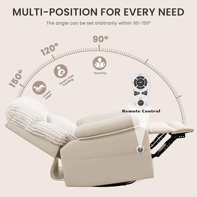 Power Swivel Rocker Recliner Chair with Massage and Heat for Adults, Electric Infinite Position Recliner with USB Charging Port, Corduroy and PU Leather Mixed Fabric, Easy Assembly (Ivory)